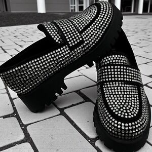 Bamboo Black Rhinestone Loafers Size 6.5 Lug Sole Sparkle Jackson Worn Once!